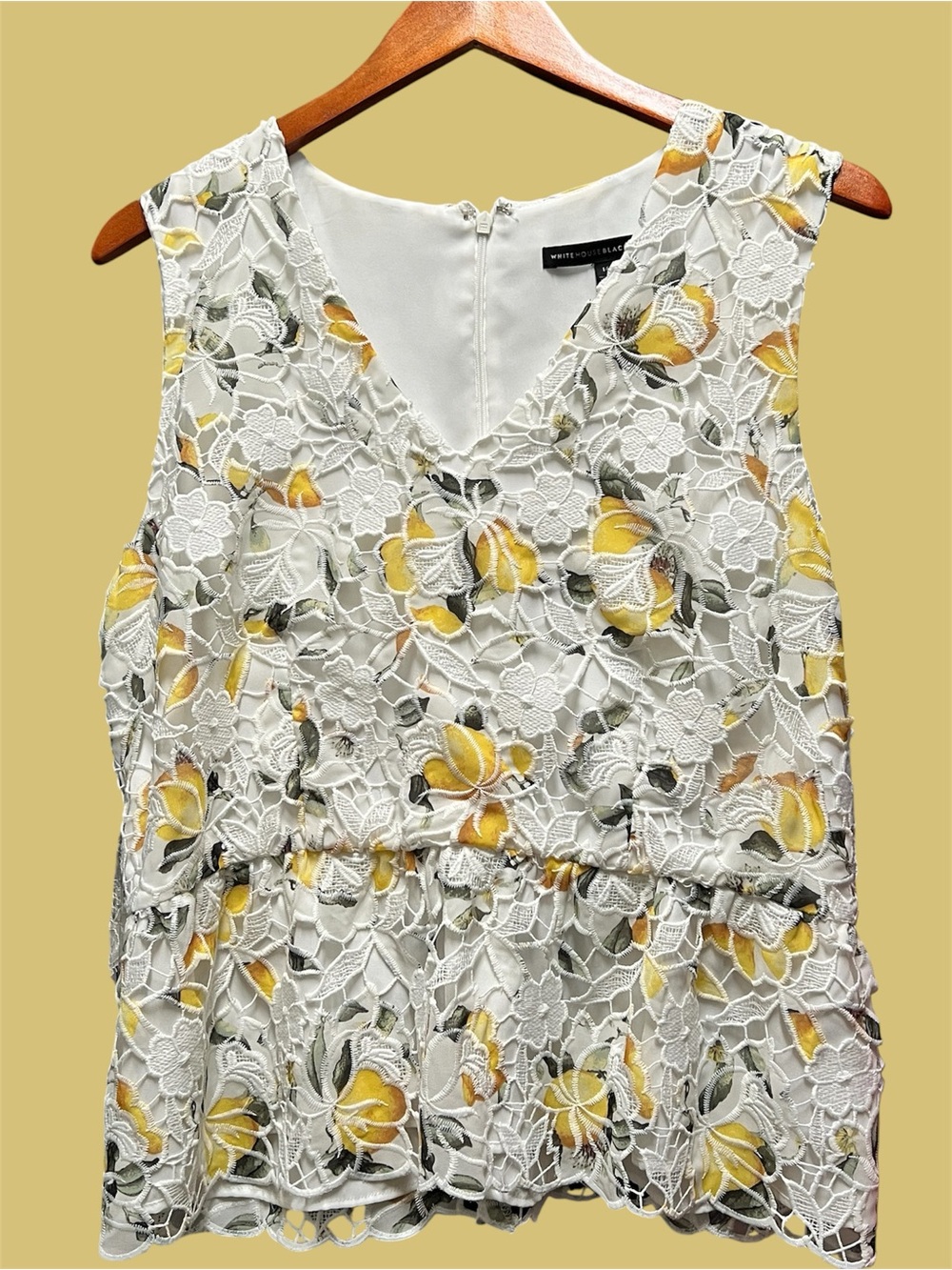White House Black Market White Lace Floral Peplum Tank with Yellow Accents